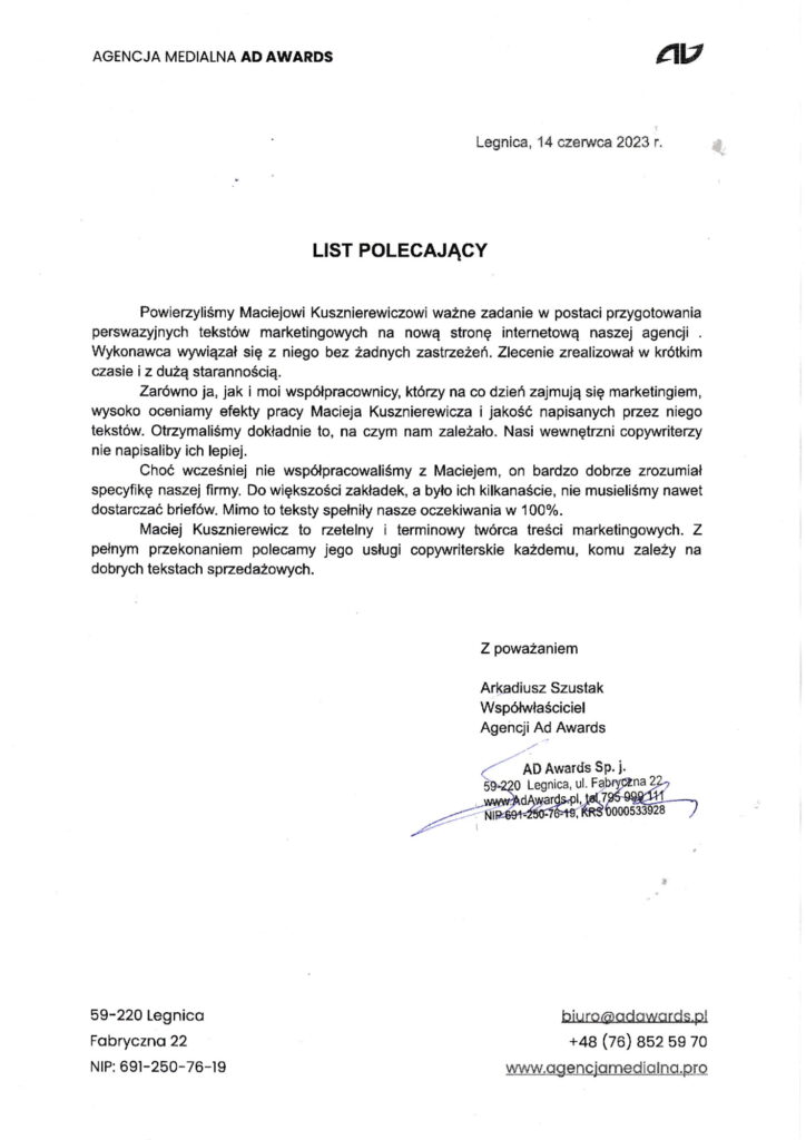List polecający od agencji medialnej Ad Awards