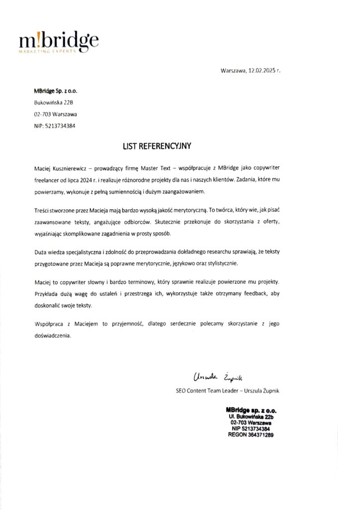 List polecający od agencji mBridge